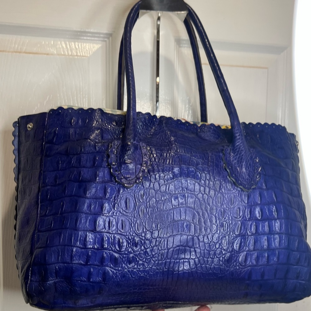 FURLA LEATHER (CANDY BAG) CROCODILE EMBOSSED SATCHEL TOTE PURPLE/BLUE - Picture 1 of 15